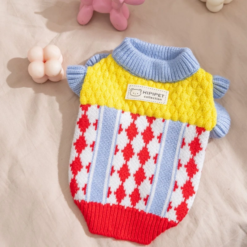 Red Diamond Check Dog Sweater for Small Breeds Winter Pineapple Knit Top in Contrasting Colours Warm Pullover Pet Sweater