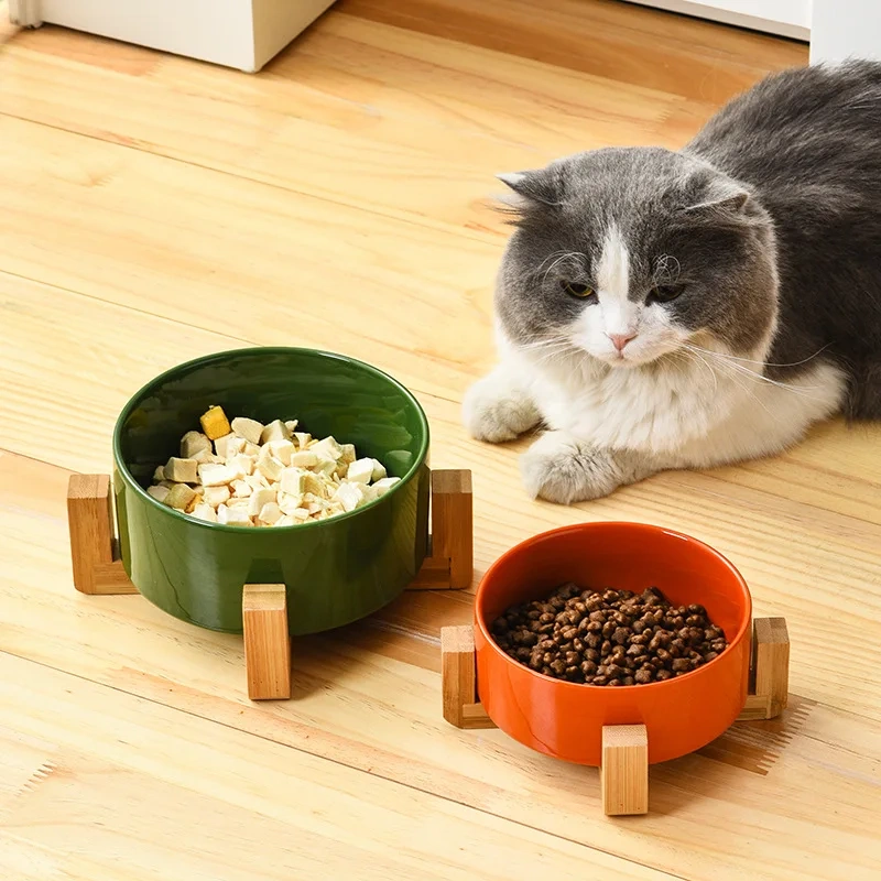 Wholesale Pet Cat Dog Ceramic Food Bowl With Raised Wooden Frame Multiple Colors Pet Feeder Ceramic Bowl