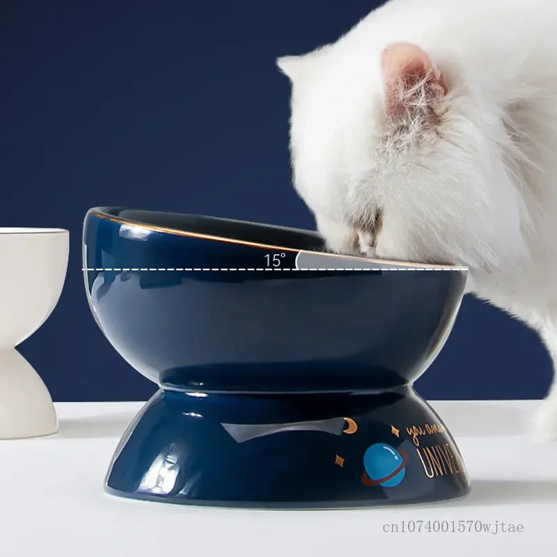 Ceramic High-Feet Drinking Water Food Bowl, Anti Overturning Oblique Mouth Cats Bowls, Neck Protection, Lovely Pet Supplies, 1pc