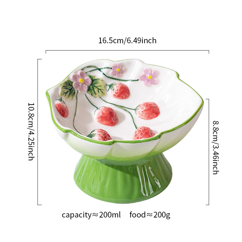 Elevated Ceramic Cat Slow Feeder Bowl with Strawberry Design