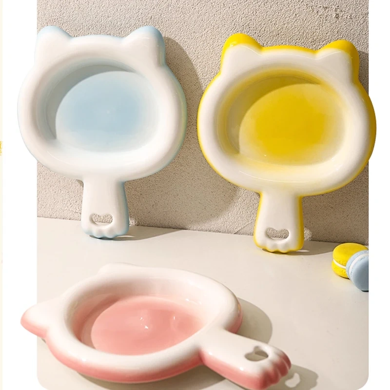 Creative Ceramic Drinking Water Food Bowls, Anti Overturning Neck Protection, Cute Tablet handle Cat Bowl, Pets Supplies, 1Pc