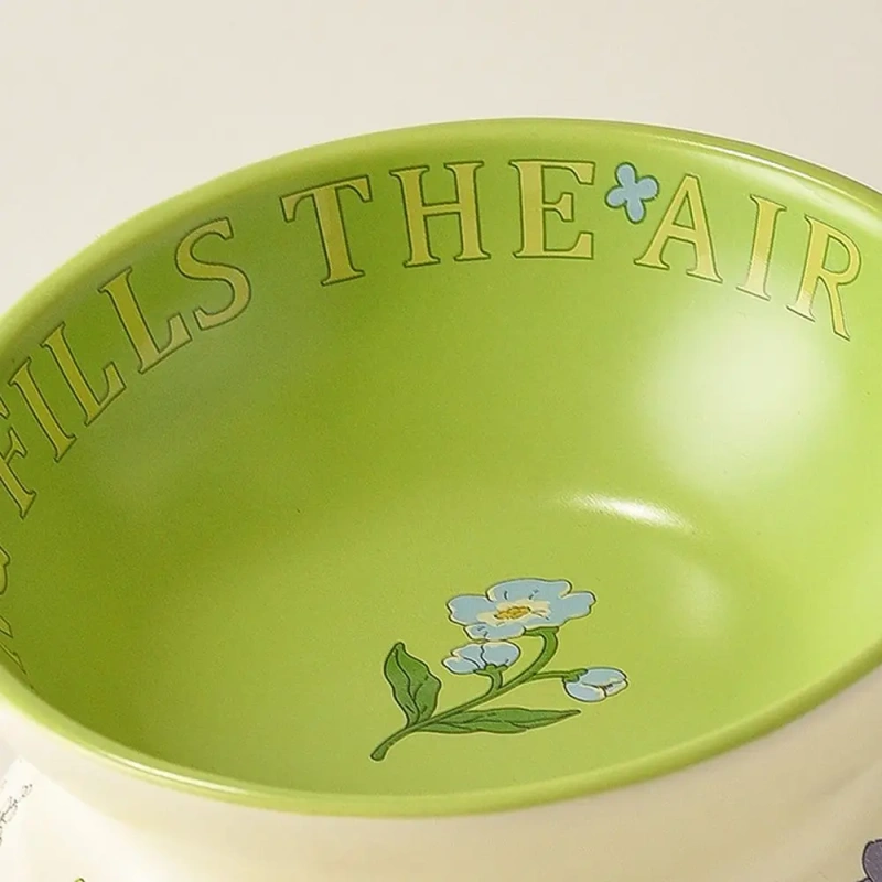 Creative Green Ceramic Cat Bowl Rabbit Flower High Foot Diagonal Pet Feeding Bowl Non-Slip Water Bowl For Drinking Feeding