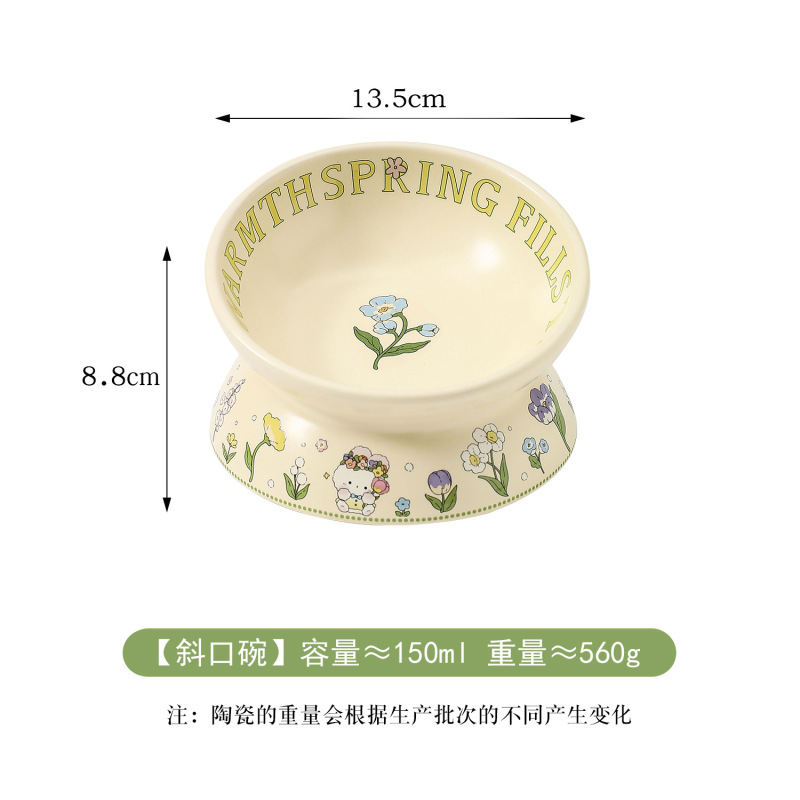 Creative Green Ceramic Cat Bowl Rabbit Flower High Foot Diagonal