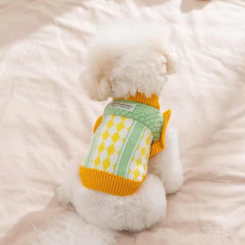 Red Diamond Check Dog Sweater for Small Breeds Winter Pineapple Knit Top in Contrasting Colours Warm Pullover Pet Sweater