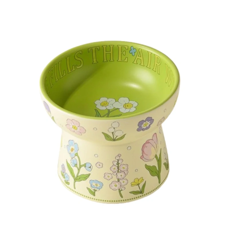 Creative Green Ceramic Cat Bowl Rabbit Flower High Foot Diagonal Pet Feeding Bowl Non-Slip Water Bowl For Drinking Feeding