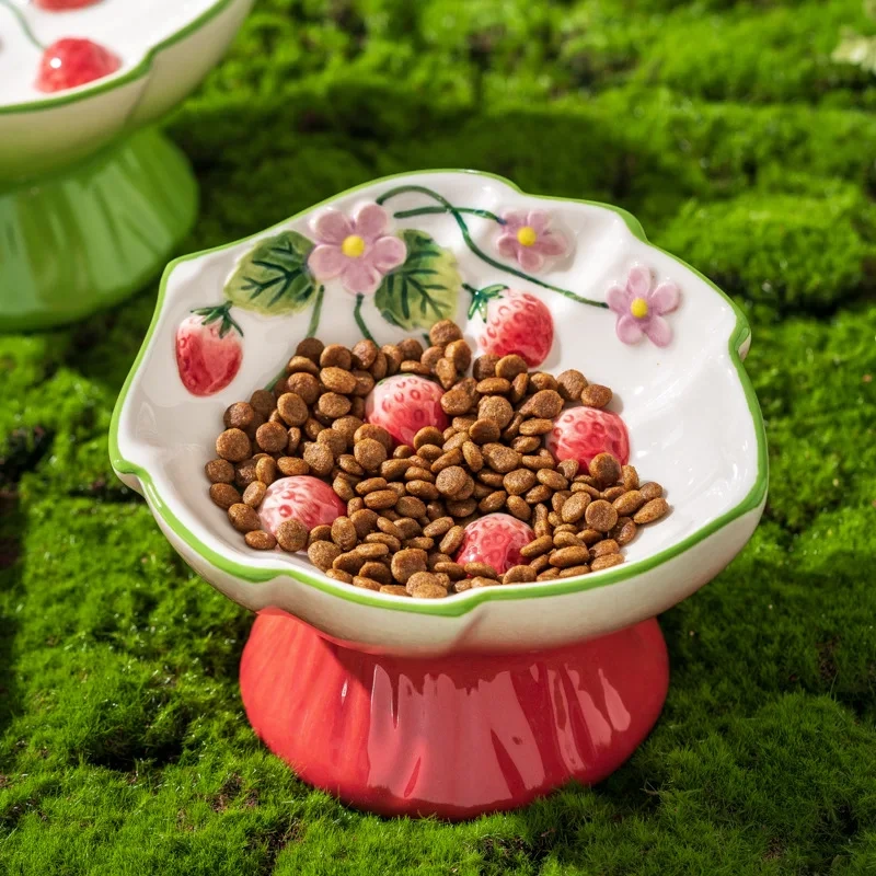 Elevated Ceramic Cat Slow Feeder Bowl with Strawberry Design – Raised Pet Food and Water Dish for Cats and Small Dogs