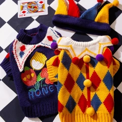 Pet Clown Sweater Dog Cute Halloween Dress Rose Plaid Embroidered Dog Clothes Pet Warm Knit Pullover Dog Products