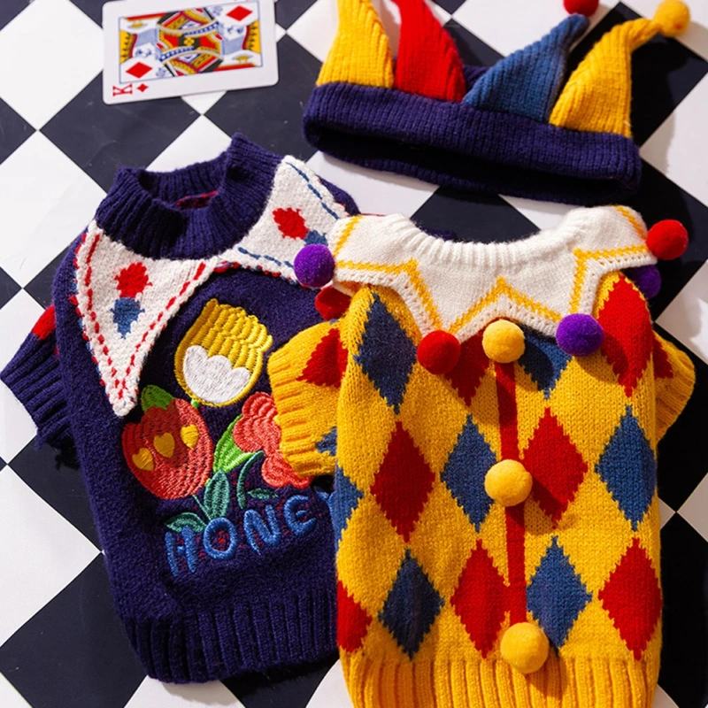 Pet Clown Sweater Dog Cute Halloween Dress Rose Plaid Embroidered Dog Clothes Pet Warm Knit Pullover Dog Products