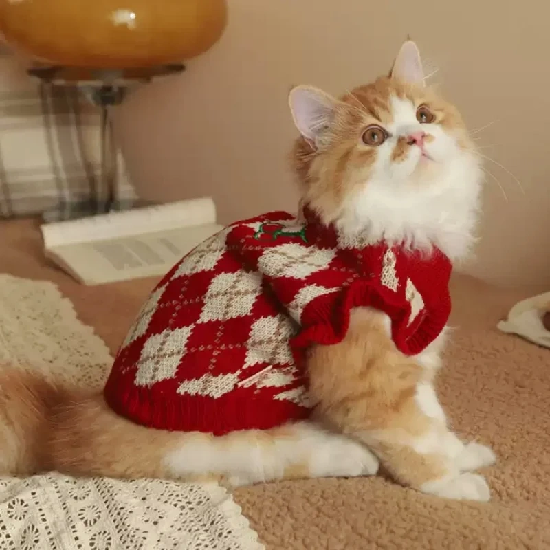 Winter Dog Knit Sweater Soft Dog Clothes Cute Plaid Puppy Sweater Cherry Print Cat Pullovers Pet Warm Turtleneck Poodle Apparel