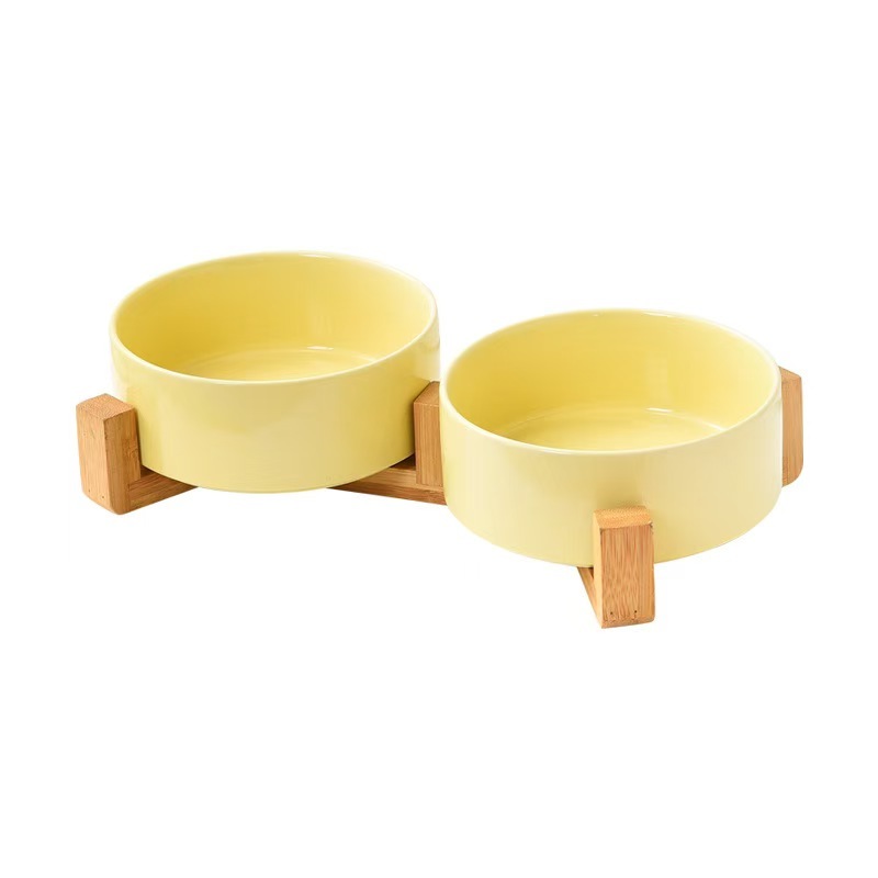 Pet Cat Dog Ceramic Food Bowl With Raised Wooden Frame Multiple Colors Pet Feeder Ceramic Bowl