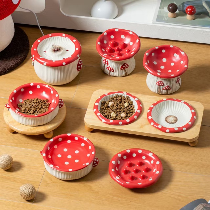 Cute Mushroom Ceramic Elevated Slow Feed Bowl