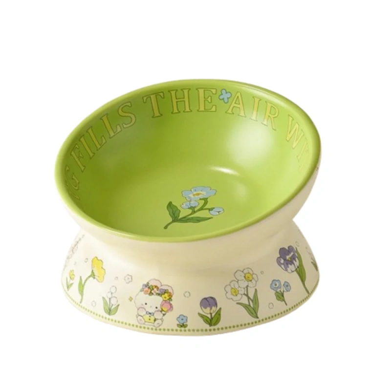 Creative Green Ceramic Cat Bowl Rabbit Flower High Foot Diagonal Pet Feeding Bowl Non-Slip Water Bowl For Drinking Feeding