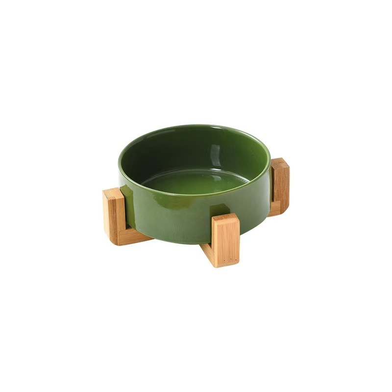 Pet Cat Dog Ceramic Food Bowl With Raised Wooden Frame Multiple Colors Pet Feeder Ceramic Bowl