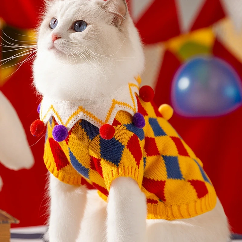 Pet Clown Sweater Dog Cute Halloween Dress Rose Plaid Embroidered Dog Clothes Pet Warm Knit Pullover Dog Products