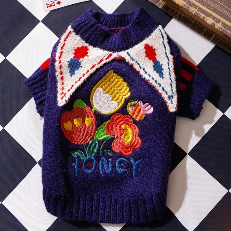 Pet Clown Sweater Dog Cute Halloween Dress Rose Plaid Embroidered Dog Clothes Pet Warm Knit Pullover Dog Products