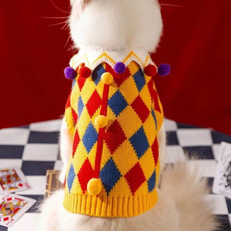 Pet Clown Sweater Dog Cute Halloween Dress Rose Plaid Embroidered Dog Clothes Pet Warm Knit Pullover Dog Products