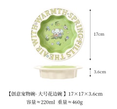 Creative Green Ceramic Cat Bowl Rabbit Flower High Foot Diagonal