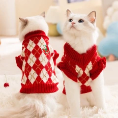 Winter Dog Knit Sweater Soft Dog Clothes Cute Plaid Puppy Sweater Cherry Print Cat Pullovers Pet Warm Turtleneck Poodle Apparel