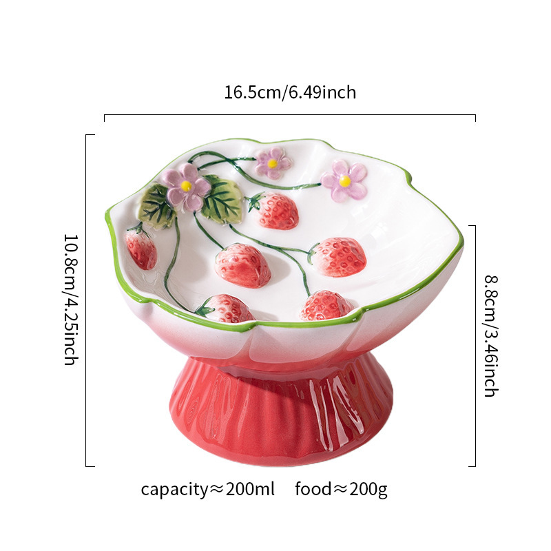 Elevated Ceramic Cat Slow Feeder Bowl with Strawberry Design
