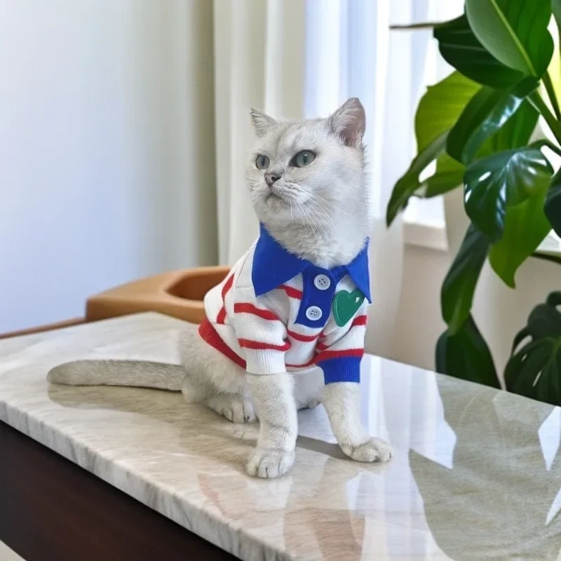 Autumn and Winter Knitted Pet Cardigan Sweater Dog Cat Striped POLO Shirt Pet Clothes Dog Cat Clothing