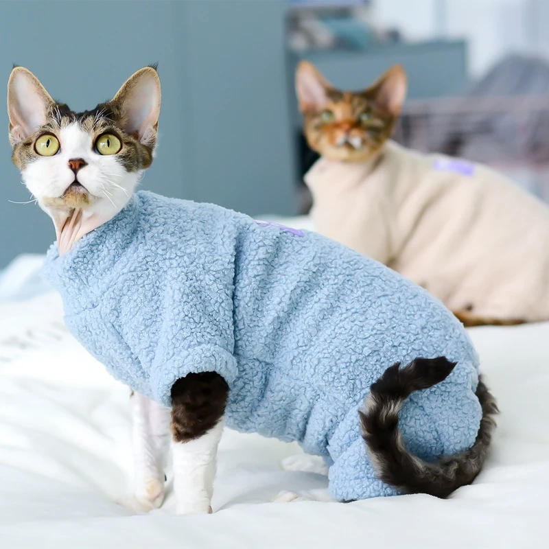 Sphynx Cat Clothes Winter Warm Pet Cat Jumpsuit Hoodies Soft Fleece Kitten Cat Pajamas Costumes For Sphinx Devon Cats