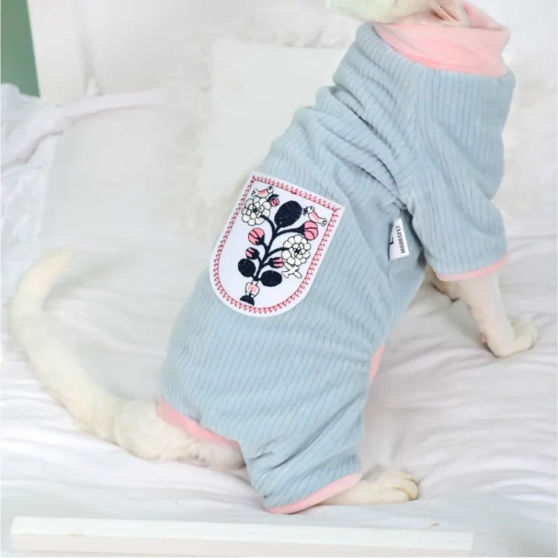 Sphynx Cat Clothes Soft Green Striped 4-legged Jumsuit For Kittnes Dogs OverSize Coat for Kittens in Spring Loungewear for Devon