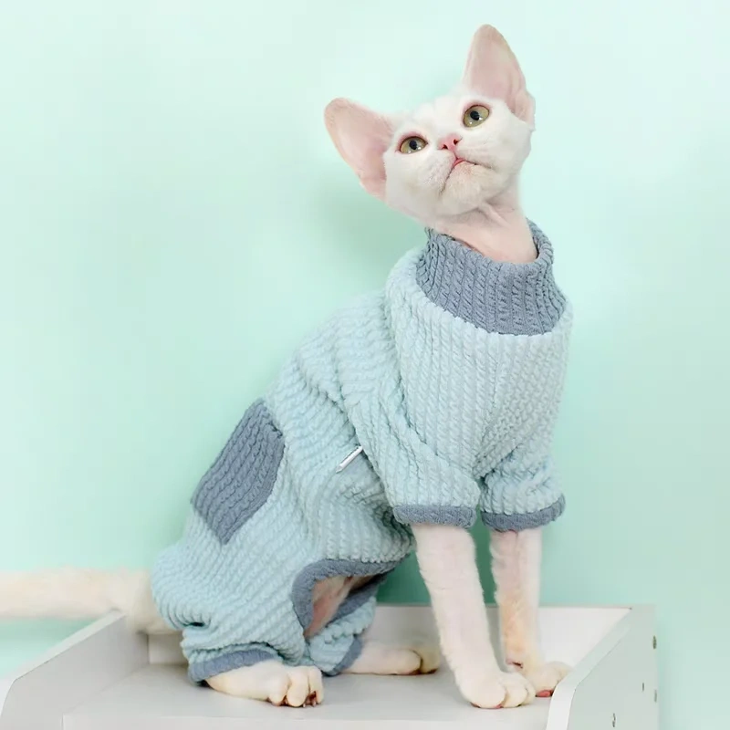 Pink Cotton Coat with Bow For Female Cat Warm Blue Sweatshirt for Hairless Cat in Spring Autumn Cat Clothing Pet Supplies