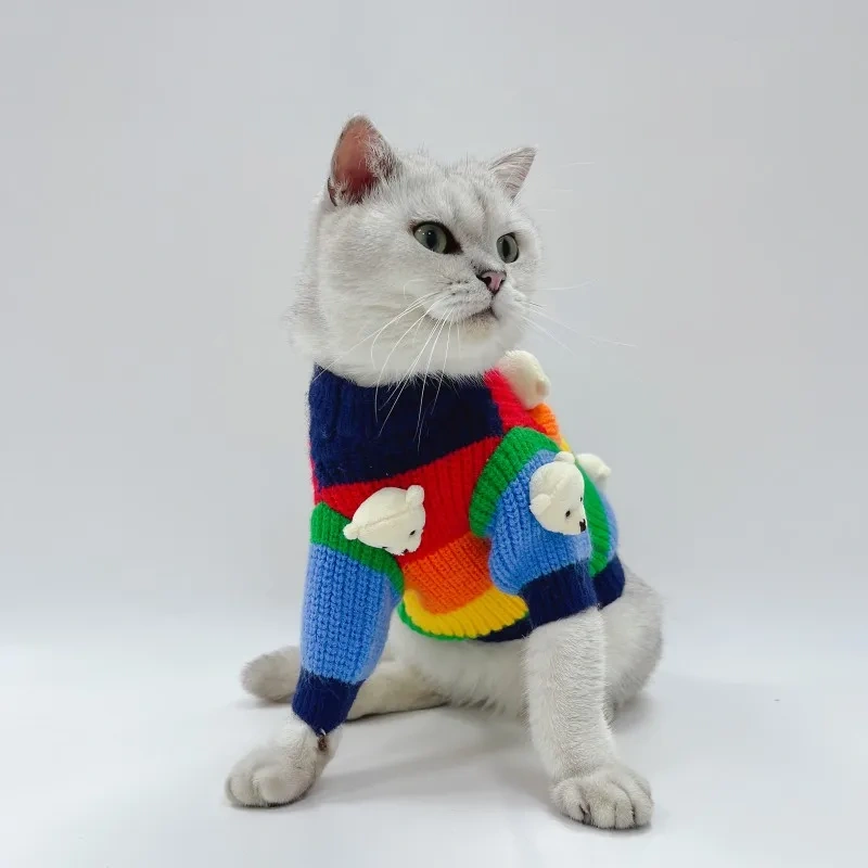 2025 Pet autumn and winter thickened warm knitted sweater for dogs, Pomeranian, cats, small and medium-sized, colorful clothes