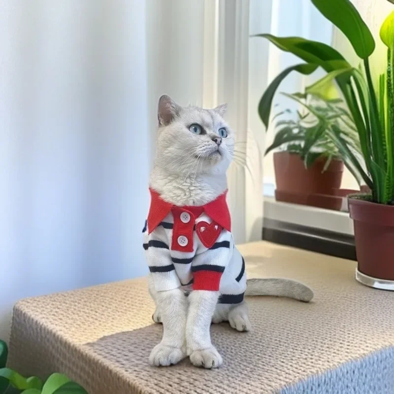 Autumn and Winter Knitted Pet Cardigan Sweater Dog Cat Striped POLO Shirt Pet Clothes Dog Cat Clothing