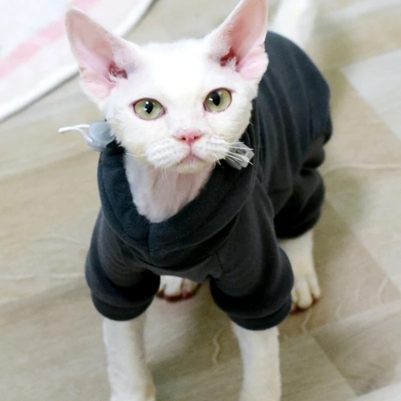 Dark Grey Fleece Hooded Sweatshirt for Hairless Cat Winter 4-legged Coat Pull Tab Sphynx Cat Jacket Devon Rex Warm Loungewear