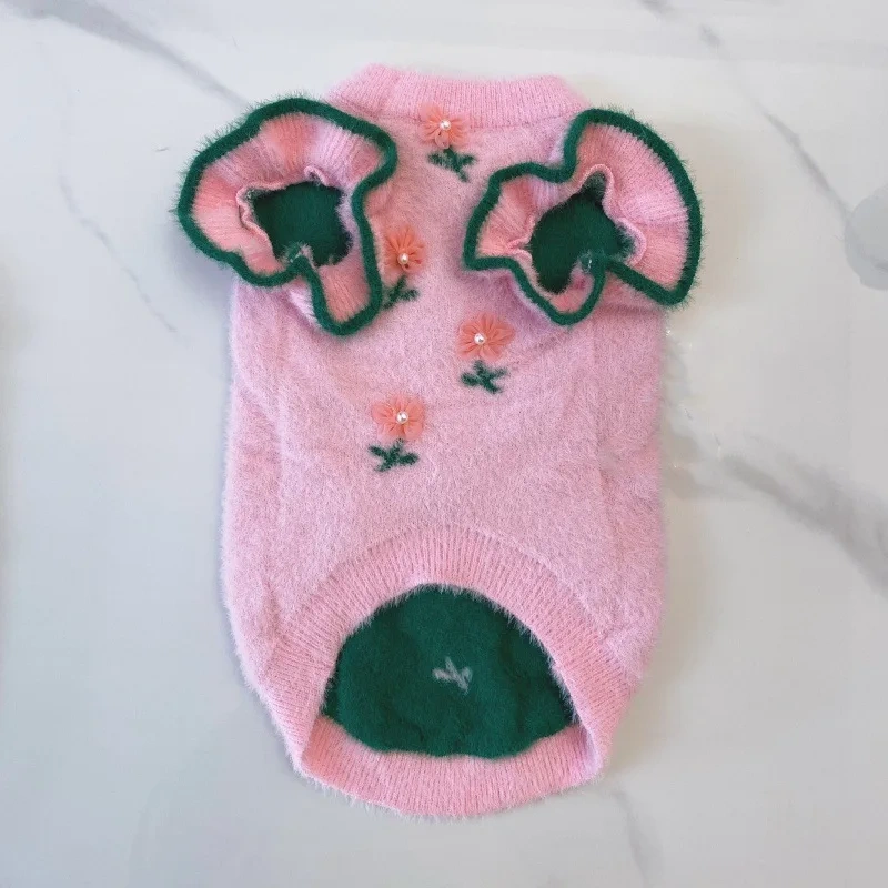 Pet Autumn and Winter Cute Sweater Thickened Warm Cute Flower Vest Cat Teddy Fly Sleeve Jacket Dog Clothes for Small Dogs
