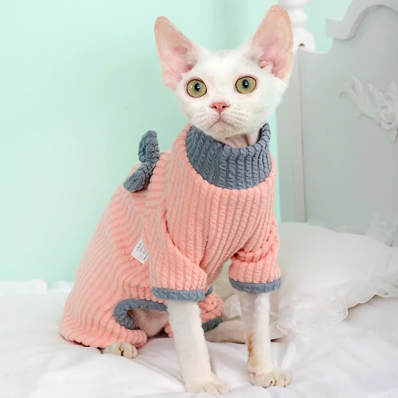 Pink Cotton Coat with Bow For Female Cat Warm Blue Sweatshirt for Hairless Cat in Spring Autumn Cat Clothing Pet Supplies