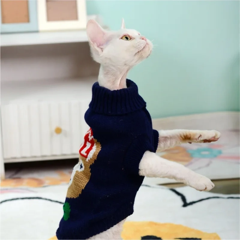 Luxury Cat Sweater Hairless Male Cat Winter Warm Costume Acrylic Christmas Print Cartoon Design Pet Apparel