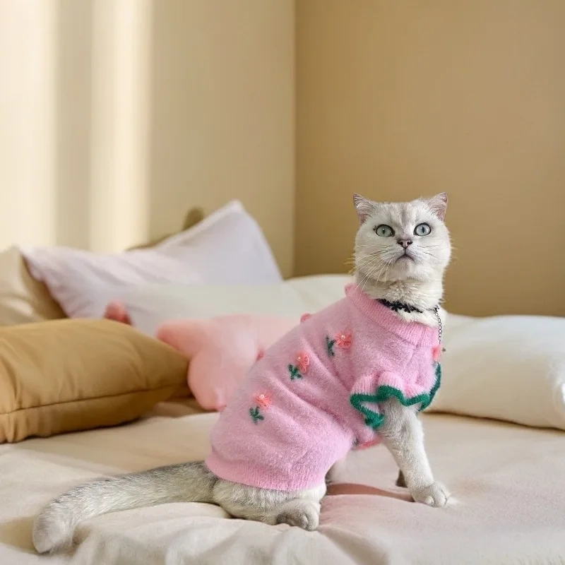 Pet Autumn and Winter Cute Sweater Thickened Warm Cute Flower Vest Cat Teddy Fly Sleeve Jacket Dog Clothes for Small Dogs
