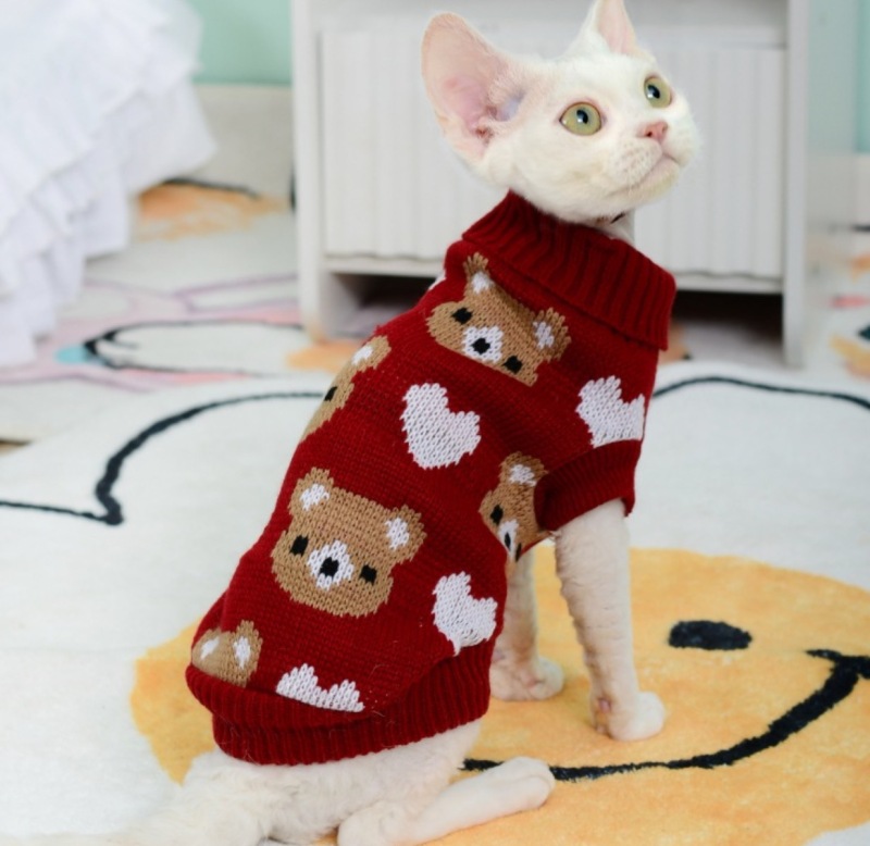Luxury Cat Sweater Hairless Male Cat Winter Warm Costume Acrylic Christmas Print Cartoon