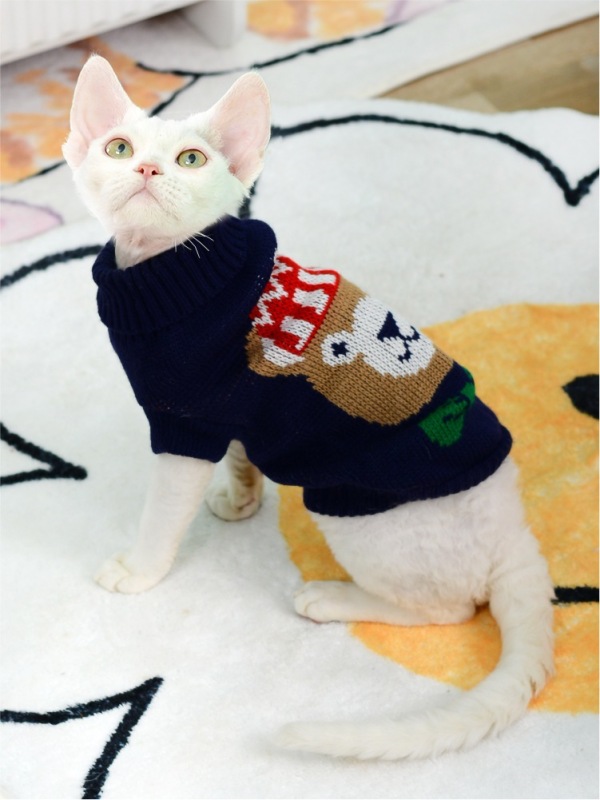 Luxury Cat Sweater Hairless Male Cat Winter Warm Costume Acrylic Christmas Print Cartoon