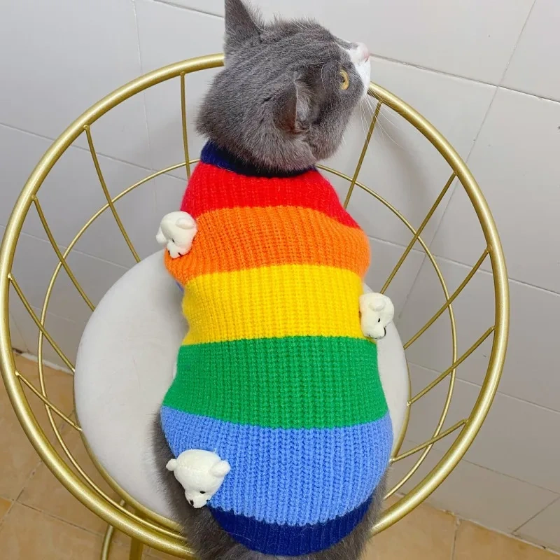 2025 Pet autumn and winter thickened warm knitted sweater for dogs, Pomeranian, cats, small and medium-sized, colorful clothes
