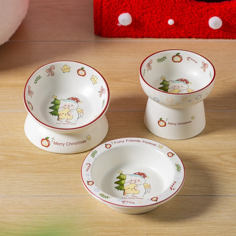Holiday Premium Ceramic Cat Bowl Set + Raised Feeder | Christmas Cat House | Cute Pet Feeding Supplies for Winter Home Décor