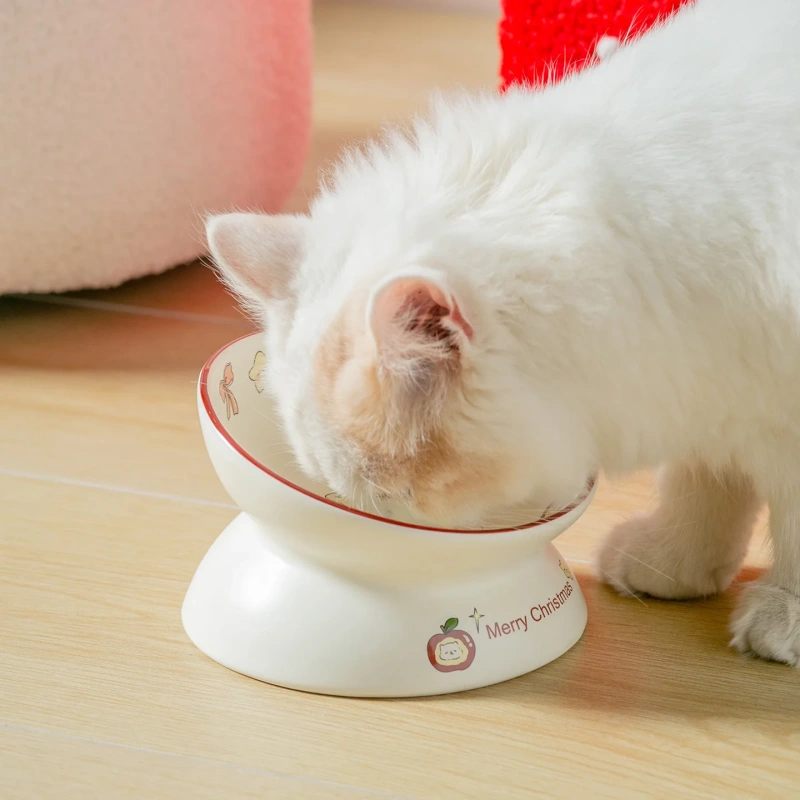 Holiday Premium Ceramic Cat Bowl Set + Raised Feeder | Christmas Cat House | Cute Pet Feeding Supplies for Winter Home Décor