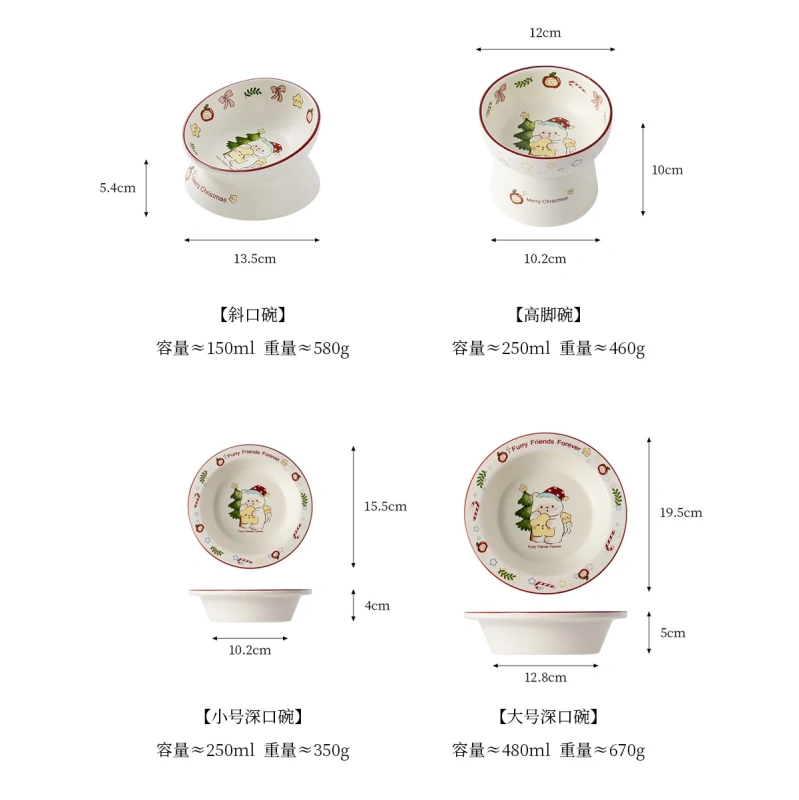 Holiday Premium Ceramic Cat Bowl Set + Raised Feeder | Christmas Cat House | Cute Pet Feeding Supplies for Winter Home Décor