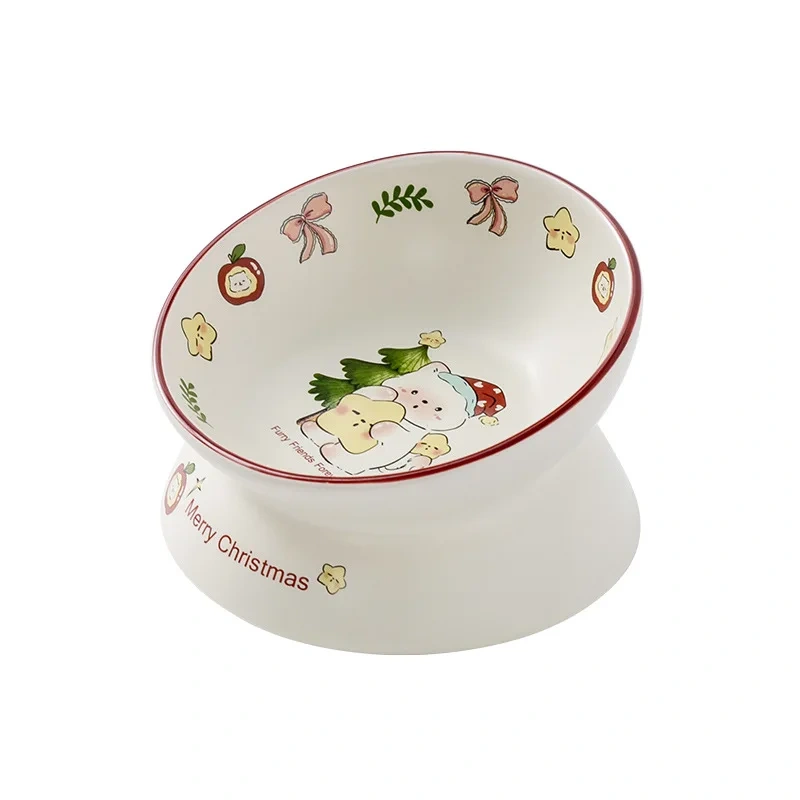 Holiday Premium Ceramic Cat Bowl Set + Raised Feeder | Christmas Cat House | Cute Pet Feeding Supplies for Winter Home Décor