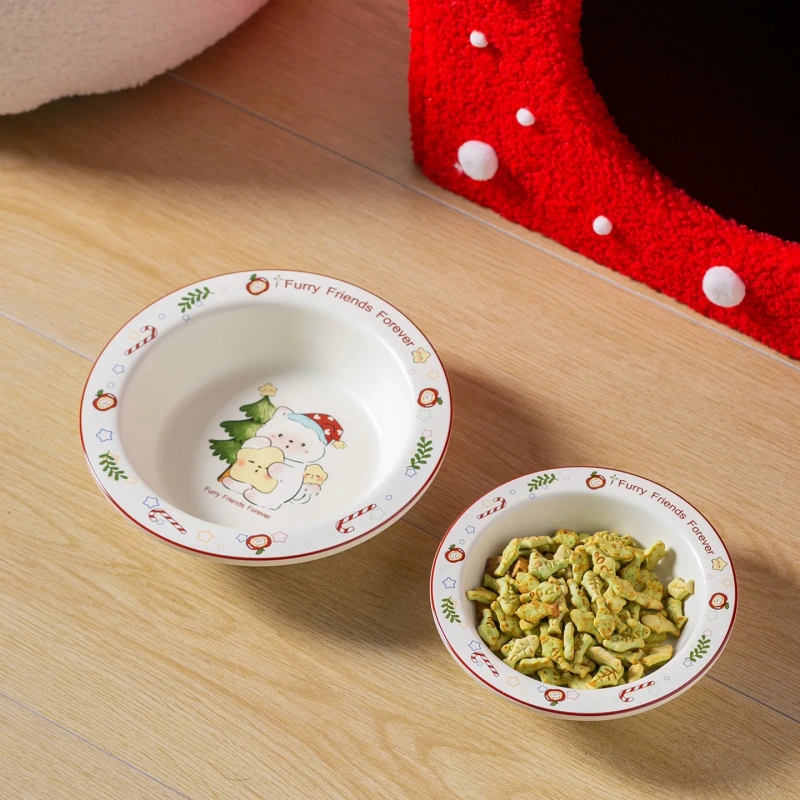 Holiday Premium Ceramic Cat Bowl Set + Raised Feeder | Christmas Cat House | Cute Pet Feeding Supplies for Winter Home Décor