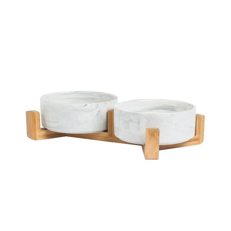 Marble-patterned Ceramic Pet Bowl with Wooden Frame Gold Edge for Dog Cat Food Water Bowl Pet Supplies