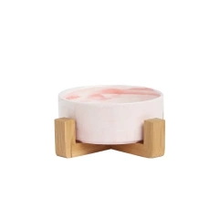 Marble-patterned Ceramic Pet Bowl with Wooden Frame Gold Edge for Dog Cat Food Water Bowl Pet Supplies