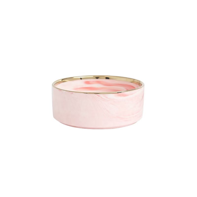 Marble-patterned Ceramic Pet Bowl with Wooden Frame Gold Edge for Dog Cat Food Water Bowl