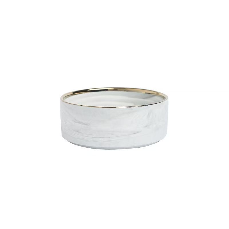 Marble-patterned Ceramic Pet Bowl with Wooden Frame Gold Edge for Dog Cat Food Water Bowl