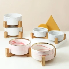 Marble-patterned Ceramic Pet Bowl with Wooden Frame Gold Edge for Dog Cat Food Water Bowl Pet Supplies