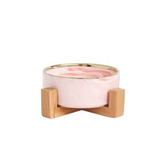 Marble-patterned Ceramic Pet Bowl with Wooden Frame Gold Edge for Dog Cat Food Water Bowl