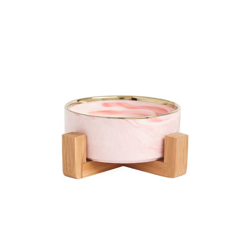 Marble-patterned Ceramic Pet Bowl with Wooden Frame Gold Edge for Dog Cat Food Water Bowl