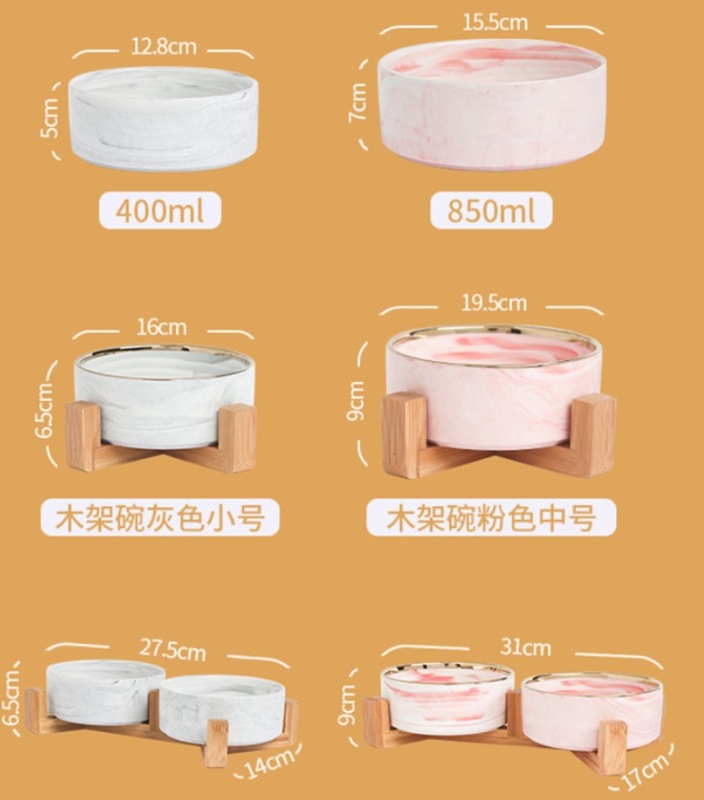 Marble-patterned Ceramic Pet Bowl with Wooden Frame Gold Edge for Dog Cat Food Water Bowl